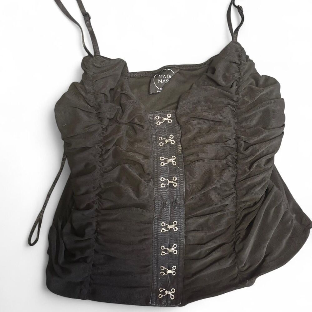 Madi Moon Ruched Mesh Crop Top with Metallic Clasps Women's Medium